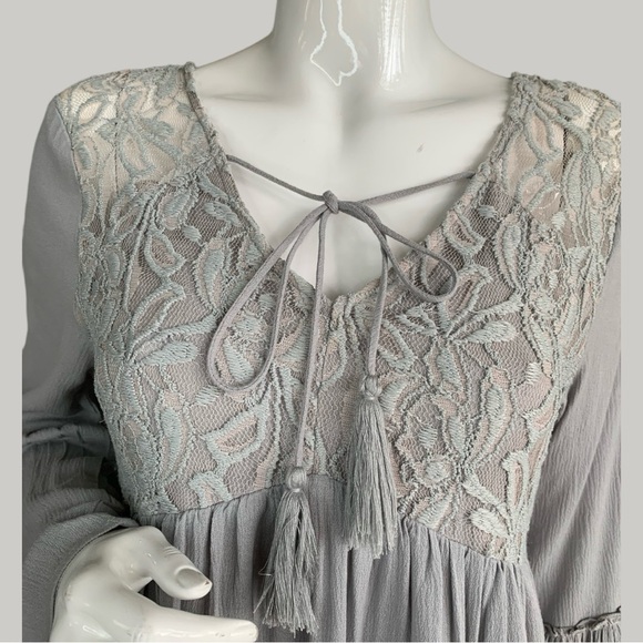 ALTER’D STATE GRAY BOHO LACE BODICE LONG SLEEVE MIDI DRESS. WOMEN’S SIZE SMALL - Picture 6 of 9